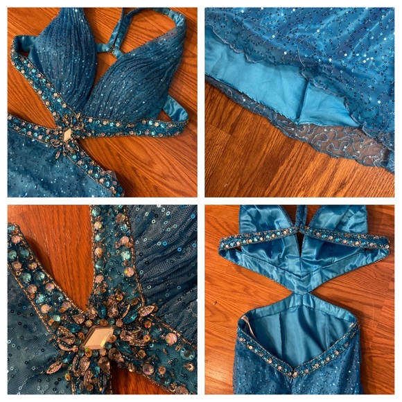 Vintage Y2K Dress Sequin Beaded Gown Slip Dress Cut Out Prom Dress Backless Blue - Picture 5 of 16